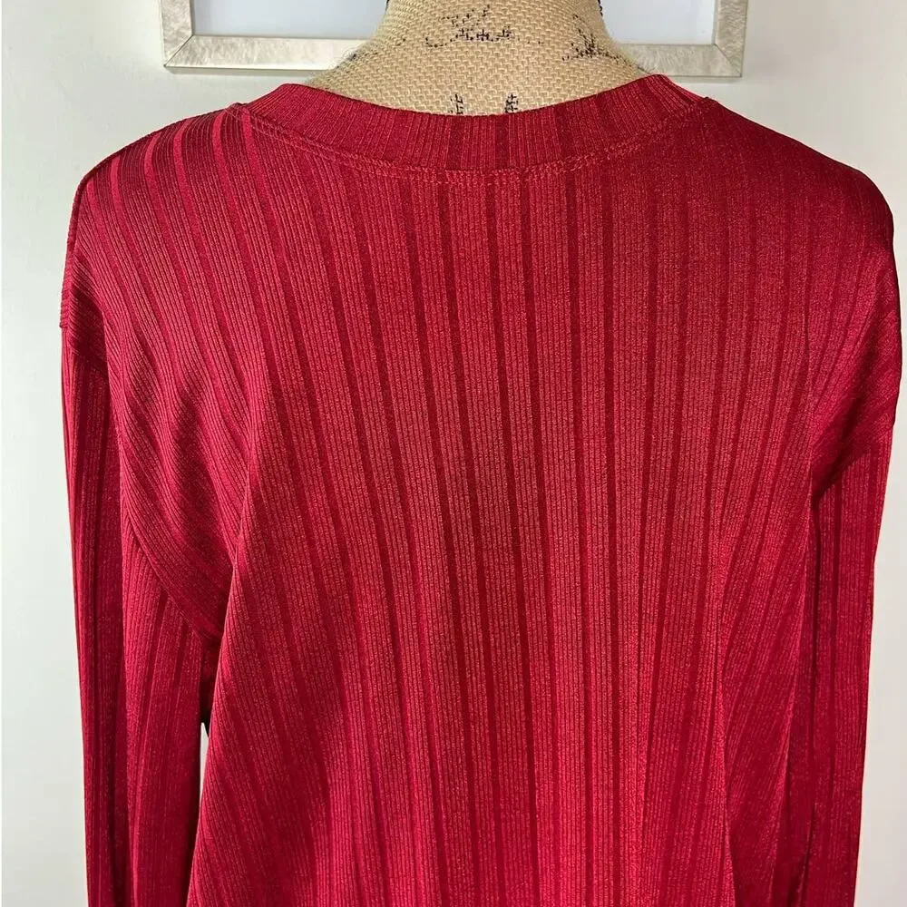 Vintage 90s Red Ribbed Knit Shirt Mens Medium Slim Fit Stretch